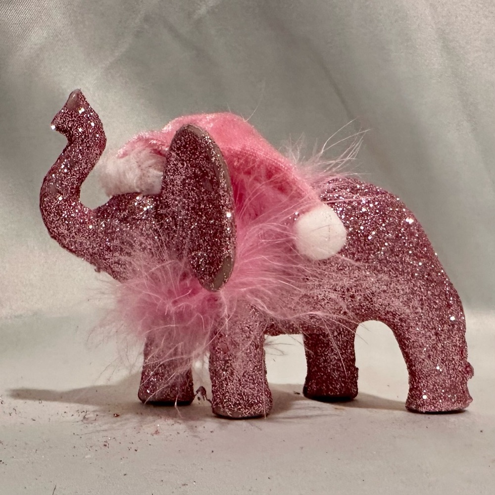 Pink Glittery Feather Trimmed Elephant Figurine Ornament
